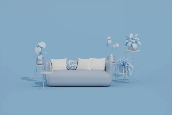 Kreatywny Wystrój Wnętrz Niebieskim Studio Doniczką Fotelem Pastelowe Niebiesko Białe — Zdjęcie stockowe