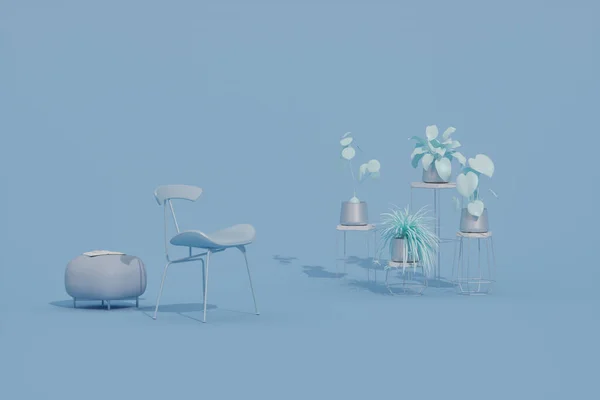 植物ポットとアームチェア付きブルースタジオで創造的なインテリアデザイン パステルブルーとホワイトの背景色 ウェブページ プレゼンテーション 画像フレームの3Dレンダリング — ストック写真