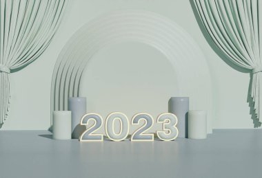 Terfi için silindirik podyumu olan bir Noel arkaplanı. 2023 numaralı sunum için perdeli yuvarlak sahne. Yeni yıl partisi arka planında sahne kaidesi veya platformu. 3 boyutlu görüntüleme. 3B illüstrasyon
