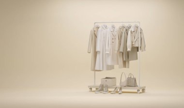 Bej arka planda giysiler, krema arka planda raflar. Pastel renkte bir askıda asılı kıyafet koleksiyonu. 3D görüntüleme, depolama ve yatak odası konsepti