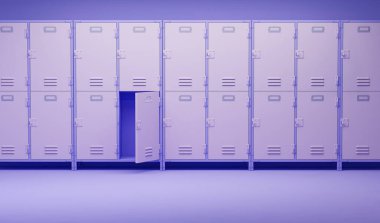 Yaratıcı kompozisyon. Koridordaki dolaplar, Pastel mor arka planda. Soyunma odası jimnastik salonu içi. Web sayfası, sunum, stüdyo için 3B hazırlama.