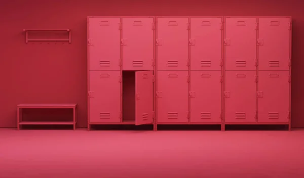 Viva magenta is a trend colour year 2023 in row of lockers in the hallway, locker room gym school interior. 3d render. Creative composition
