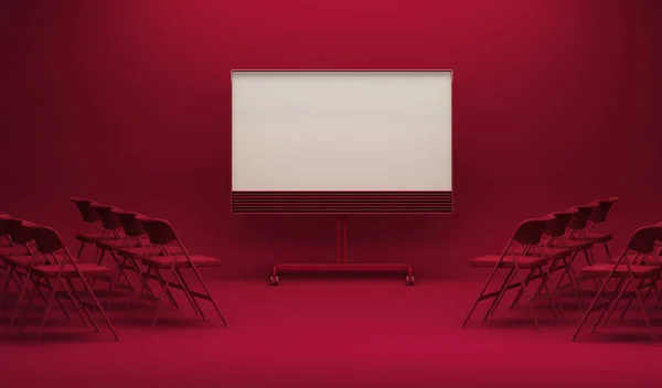 Minimal meeting room with projection screen and audience chairs. Creative interior design in Viva magenta is a trend colour year 2023.  3D Rendering