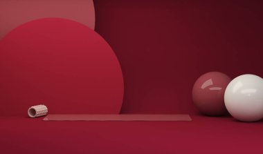 Viva magenta, 2023 yılında spor fitness ekipmanlarında görülen bir moda türüdür. Kadın konsepti, soyunma odası beden eğitimi. Paspas, yoga bloğu. 3d hazırlayıcı