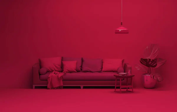 Creative interior design in viva magenta studio with Clothes hanging on a rack, plant pot and armchair. Trend colour year 2023 in the bed room.3d render
