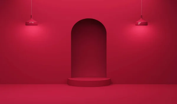 Viva magenta is a trend colour year 2023. 3D illustration.Stage pedestal or platform in dark red background. 3D render.