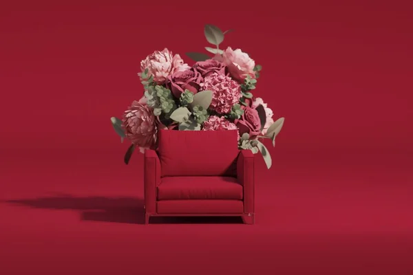 Red armchair with colorful flowers on viva magenta background. Advertisement idea. Creative composition. 3d render, social media and sale conceptTrend colour year 2023 in the studio.3d render