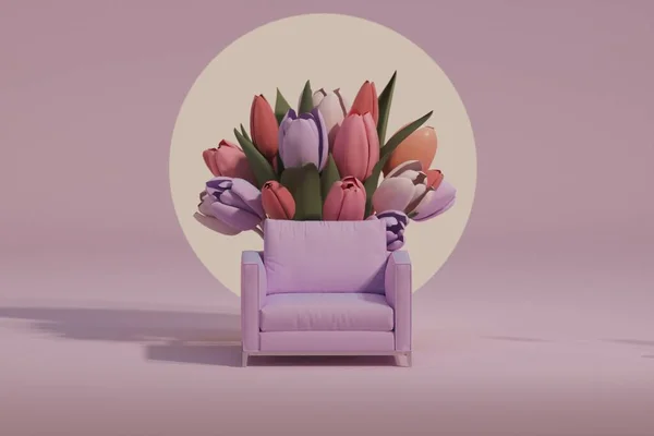 Purple armchair with tulip flowers on pastel background. Advertisement idea. Creative composition. 3d render, social media and sale conceptTrend colour year 2023 in the studio.3d render