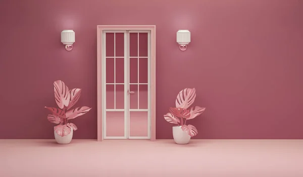 Monochrome outdoor scene with pink door, wall lamp plant pot on pink background. Creative composition. Light background with copy space. 3D render for web page, presentation, studio, store fashion