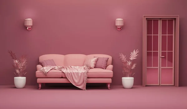 Monochrome living room scene with armchair, door, plant pot on pink background. Creative composition. Light background with copy space. 3D render for web page, presentation, studio, store fashion