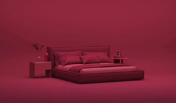 Monochrome bedroom scene with a double bed sheet, blanket, pillows and side tables. Viva magenta is a trend colour year 2023 interior room, flat style single color composition, 3d rendering