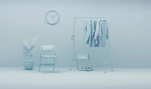 Clothes on a hanger, storage shelf in pastel blue background. Collection of clothes hanging on rack, plants and chair concept. 3d rendering, concept for shopping store and bedroom, studio, life style