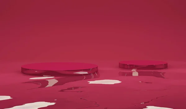 Abstract minimalist scene with geometric forms. Podium on dark red background with water surface. Product presentation, show cosmetic product display. Trendy color of year 2023. Viva Magenta.3d render