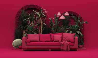Viva moru, 2023 yılında oturma odasında görülen bir moda türüdür. Mobilyaları ve koltuğu olan sade tek renkli mor renkli, tropikal ağaçlar yaratıcı iç tasarım. 3d hazırlayıcı
