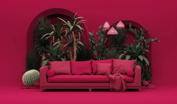 Viva magenta is a trend colour year 2023 in the living room. plain monochrome viva magenta color with furnitures and armchair, tropical trees Creative interior design. 3d render
