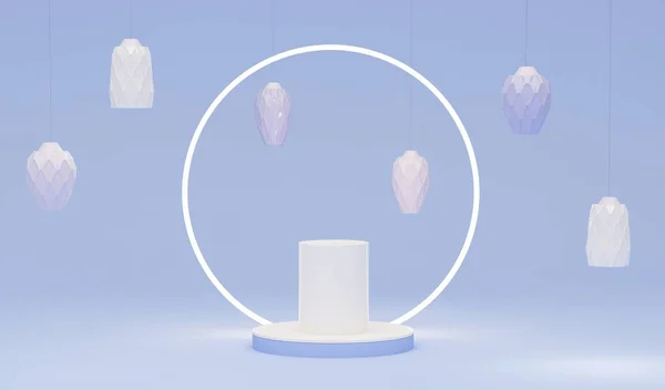 3Dディスプレイの表彰台 台座と紫色のランプとパステルブルーの背景 美容化粧品 製品プレゼンテーションスタンド 高級ホームコンセプトバナーテンプレート 3Dレンダリング広告 — ストック写真