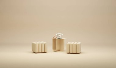 Interior of the room in plain monochrome pastel color with furnitures and room accessories. Creative composition. Ivory Background. 3D render for web page, presentation, studio