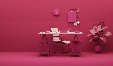 Viva magenta is a trend colour year 2023 interior workspace, minimal office table desk. Minimal idea concept for study desk, clock, plant pot and feminine. Mockup template, 3d rendering