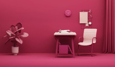 Viva magenta is a trend colour year 2023 interior workspace, minimal office table desk. Minimal idea concept for study desk, clock, plant pot and feminine. Mockup template, 3d rendering
