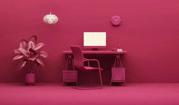 Viva magenta is a trend colour year 2023 interior workspace, minimal office table desk. Minimal idea concept for study desk, clock, plant pot and feminine. Mockup template, 3d rendering