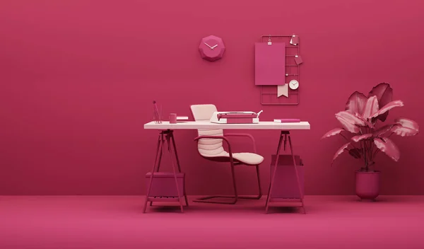 Viva magenta is a trend colour year 2023 interior workspace, minimal office table desk. Minimal idea concept for study desk, clock, plant pot and feminine. Mockup template, 3d rendering