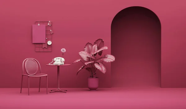 Creative interior design in viva magenta studio with vintage phone, plant pot and chair, book, clock. Trend colour year 2023 in the room.3d render