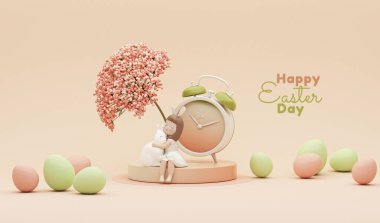 3 boyutlu podyum, yeşil ve bej arka planda yaratıcı saat, beyaz tavşanlı Paskalya yumurtaları. Mutlu Paskalya tatili geçmişi. Pankart, web posteri, broşür, tebrik kartı. 3d hazırlayıcı