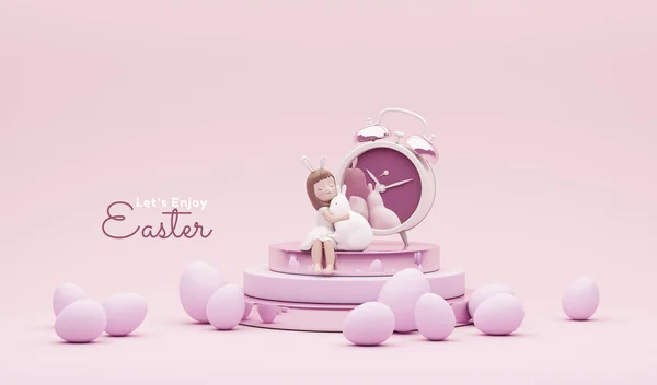 Display Podium Kreative Uhr Auf Rosa Und Lila Hintergrund Ostereier — Stockfoto