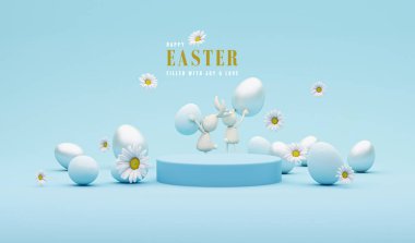 3D display podium, creative easter egg on pastel blue background, Daisy flowers with Rabbit. Happy Easter Holiday background.  Banner, web poster, flyer cover, greeting card.3d render clipart