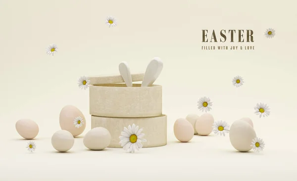 Display Podium Creative Easter Egg White Beige Background Daisy Flowers — Stock Photo, Image