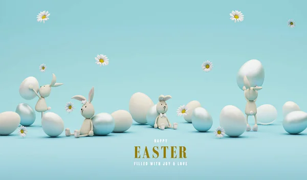 Displaypodium Kreatives Osterei Auf Pastellblauem Hintergrund Gänseblümchen Mit Kaninchen Frohe — Stockfoto