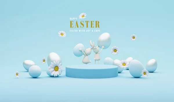 3D podyum, pastel mavi arka planda yaratıcı Paskalya yumurtası, Tavşanlı Daisy çiçekleri. Mutlu Paskalya tatili geçmişi. Pankart, web posteri, broşür kapağı, tebrik kartı 3D çizimi