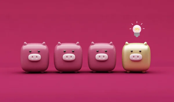 Piggy Bank Fundo Rosa Escuro Renderização Lâmpada Brilhante Conceito Leitão — Fotografia de Stock