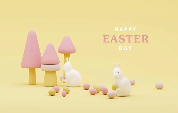 パステルを背景にハッピーイースター 卵でウサギをデザインします 春の三次元組成物 漫画のミニマルスタイル バナーとポスター カバー 抽象的な木で3Dレンダリングラウンドステージ — ストック写真