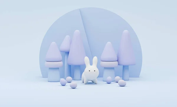 パステルを背景にハッピーイースター 卵でウサギをデザインします 春の三次元組成物 漫画のミニマルスタイル バナーとポスター カバー 抽象的な木で3Dレンダリングラウンドステージ — ストック写真