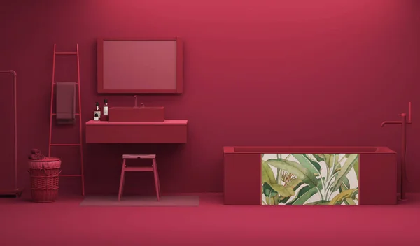 2023年的Viva Magenta浴室室内颜色 深红色勃艮第红色 模板现代设计室内设计的家 3D渲染 — 图库照片