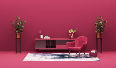  Viva moru, 2023 yılında lüks yaşam salonunda moda olan bir renk. Duvarlar, mobilyalar, kırmızı carmine, kırmız. Resim ya da sanat için boş alan. Zengin iç tasarım. 3d hazırlayıcı