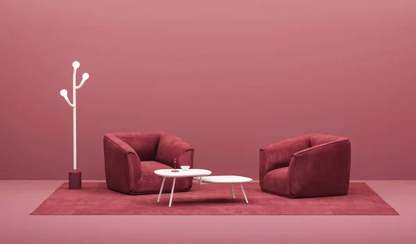 Viva magenta is a trend colour year 2023 in the living room. Interior of the room in pastel pink color with furnitures and chair, plant pot. 3d render