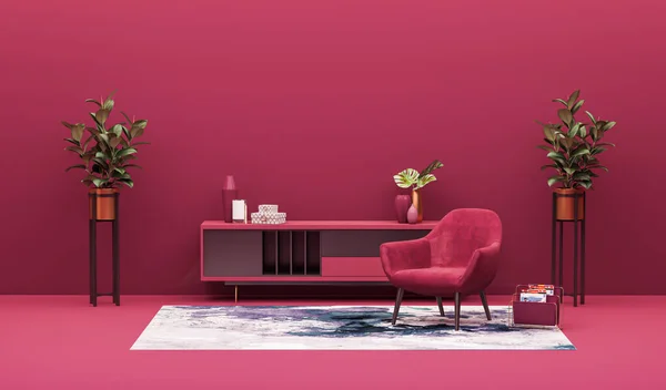 Viva magenta is a trend colour year 2023 in the luxury living lounge. walls, lounge furniture - red carmine, cochineal. Empty space for art or picture. Rich interior design. 3d render