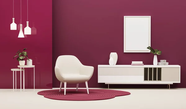 Livingroom Trend Viva Magenta Wall Backmockup Chair Poster Mockup Frame — стоковое фото