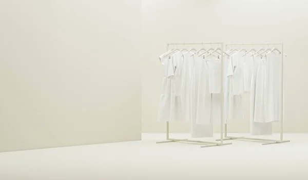 Askıda Asılı Keten Giysiler Saksı Beyaz Bej Arka Planda Koltuk — Stok fotoğraf