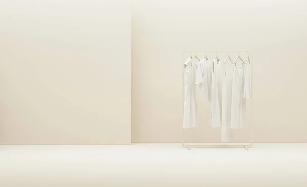 Askıda Asılı Keten Giysiler Saksı Beyaz Bej Arka Planda Koltuk — Stok fotoğraf