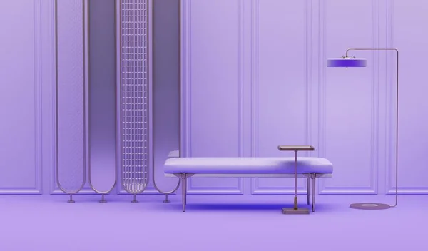 보라색 거실에 의자와 램프가 인테리어 디자인 페이지 프레젠테이션 프레임을 렌더링 — 스톡 사진