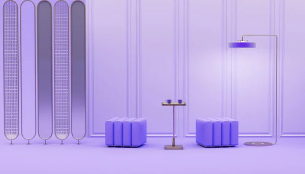 Креативный Дизайн Интерьера Роскошной Фиолетовой Гостиной Креслом Напольной Лампой Пастельно — стоковое фото
