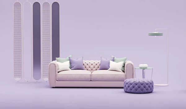 Creative interior design in pink luxury living room with armchair and floor lamp. Pastel purple color background. 3D rendering for web page, presentation or picture frame