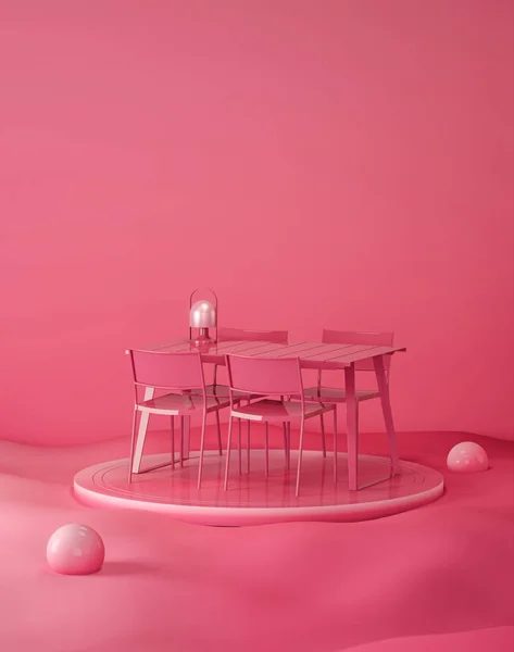 Interior Sala Cor Rosa Monocromática Simples Com Jantar Mesa Lâmpada — Fotografia de Stock