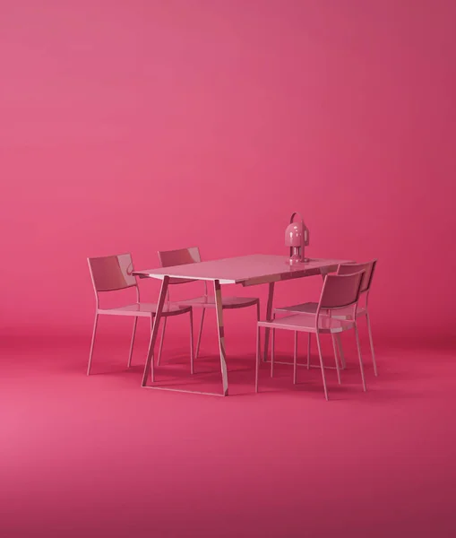 Intérieur Chambre Couleur Rose Uni Monochrome Avec Dîner Table Lampe — Photo