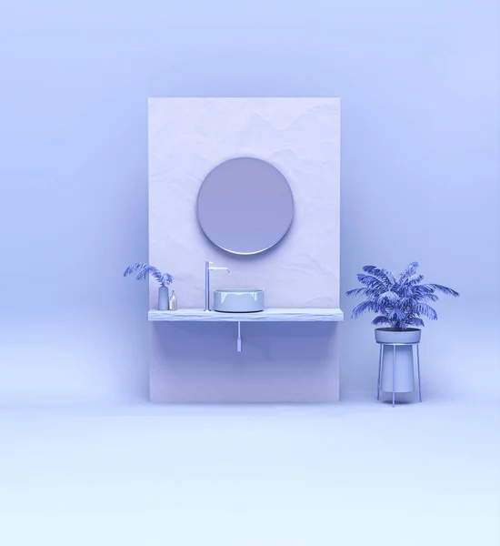 3Dは洗面台と現代的なスタイルの蛇口と空の紫色の青の虚栄心カウンターをレンダリングします 製品のブランクスペースはモックアップを表示します ソーシャルメディアバナーのトレンドカラー — ストック写真