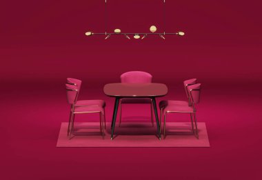 Odanın içi tek renkli kırmızı renkte, masa yemeği ve lambayla. Fotokopi alanı olan lüks bir arka plan. Web sayfası için 3D görüntüleme, sunum. Yaşasın Magenta rengi.