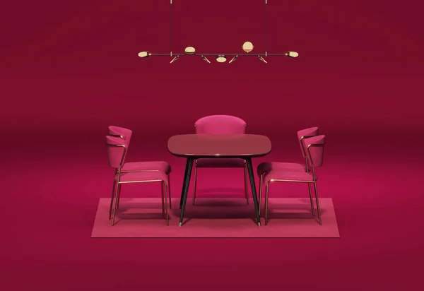 Interior Sala Cor Vermelha Monocromática Simples Com Jantar Mesa Lâmpada — Fotografia de Stock